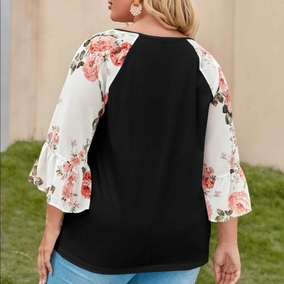 Boho black  V neck floral print sleeve blouse - Picture 15 of 16